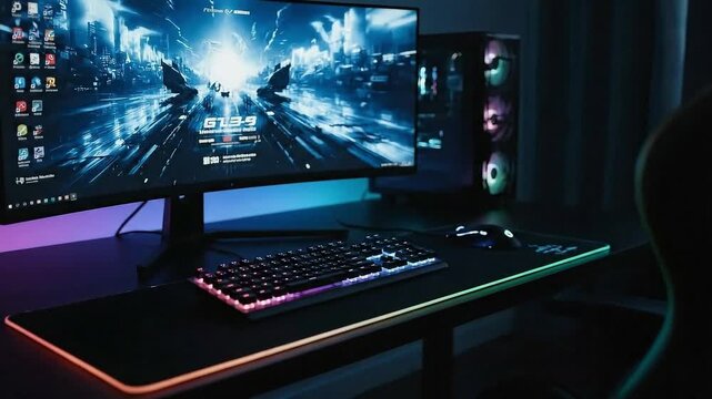A gaming setup featuring a curved monitor, keyboard, mouse, pc tower, and gaming chair in a dark room