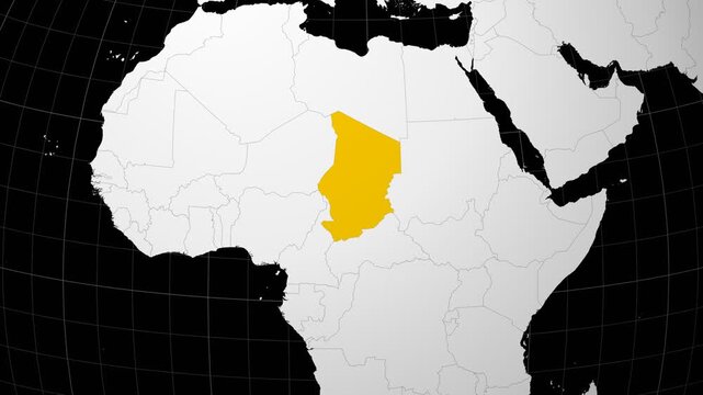 Chad map. Animated zoom into the country on the Globe in Black White color palette. Country logo animation. Map with meridians, parallels. Captivating video.