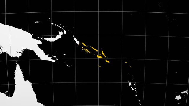 Solomon Islands map. Animated zoom into the country on the Globe in Black White color palette. Country logo animation. Map with meridians, parallels. Neat video.