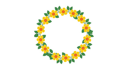 A vibrant circular wreath illustration featuring bright yellow daisy-like flowers with orange centers and green leaves, ideal for spring and summer designs.