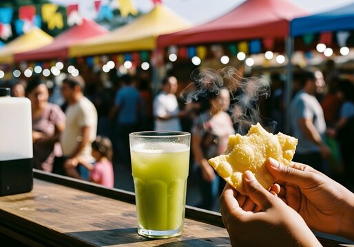 Feira brasileira com pessoas comendo pastel e tomando caldo de cana