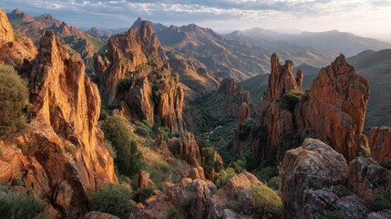 Naklejka premium Warm sunlight illuminates jagged rock formations and lush greenery in a tranquil valley scene.