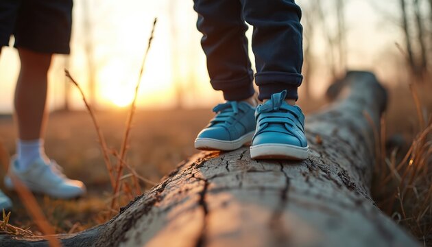 Kid balances on fallen log in nature park. Child wearing blue shoes walks across trunk. Friends spending time together outdoors. Kids plays with balance, keep walk skill, develop coordination. Sunset - Powered by Adobe