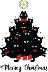 Meowy Christmas Cute Cat Tree Holiday Illustration