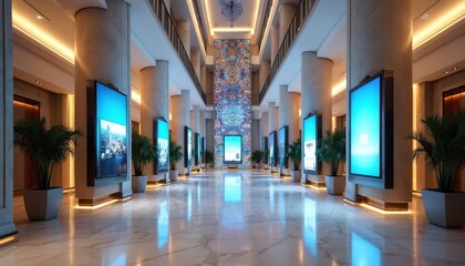 Luxurious hotel lobby features modern digital screens and artistic mosaic wall. Palm plants add greenery to elegant interior. Guests walk past displays in this stylish and contemporary space.