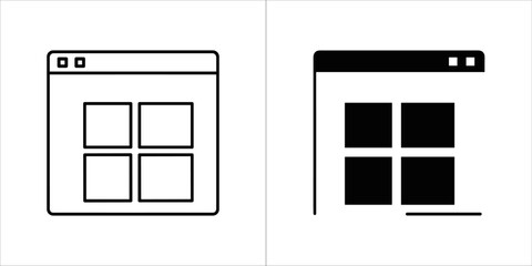 Browser window with grid layout icon, outline and filled
