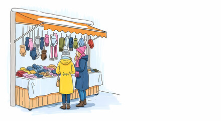 Obraz premium Two women shopping for winter gloves at outdoor market in snow 