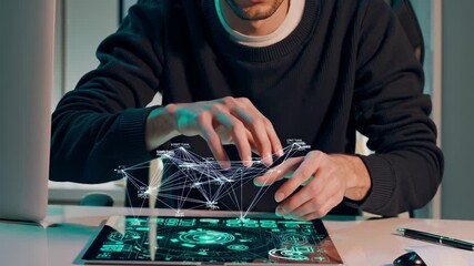 man uses tablet on table. hand performs gesture above hologram interface. screen displays layered technology graphics. device responds to gesture and renders interface elements for digital control. - Powered by Adobe