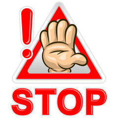 Stop Warning Sign with Hand Gesture and Exclamation Mark, Vector Illustration of Red Triangle Caution Symbol for Safety, Attention, and Prohibition Message Isolated on White Background