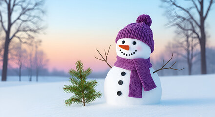 Cheerful snowman wearing purple hat and scarf standing in a snowy landscape