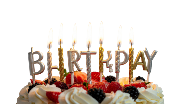 Delicious birthday cake with sweet cream and fresh berries on a plate for a celebration party with candles