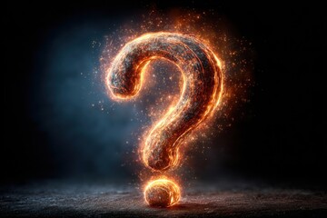 Glowing blue and orange question mark hovers above a dark surface, surrounded by swirling particles and smoke