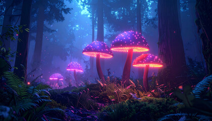 Horizontal scene of enchanted forest with glowing mushrooms and neon plants.