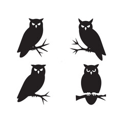 Owl Silhouette Perched Branch Bird Predator Wildlife Vector Icon