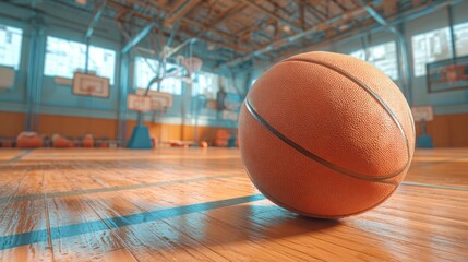 A lone basketball rests on the shiny wooden surface surrounded by empty hoops and bright lighting.