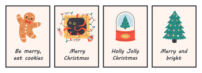 Cute simple Christmas greeting cards with Christmas tree, snow globe, garland, xmas cat, cookie. Trendy hand drawn doodle cozy winter posters. Perfect for card, invitation, poster, home decor