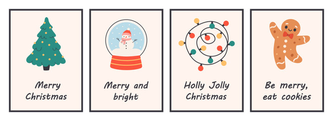 Cute simple Christmas greeting cards with Christmas tree, snow globe, garland, cookie. Trendy hand drawn doodle cozy winter posters. Perfect for card, invitation, poster, home decor, seasonal design
