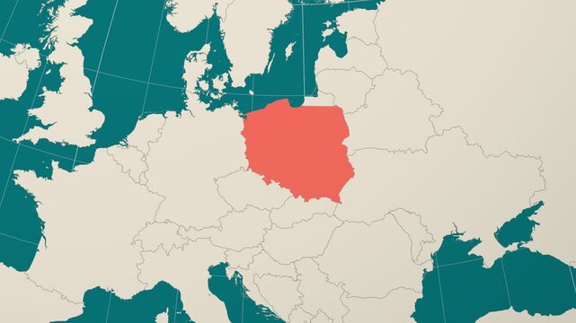 Poland map. Animated zoom into the country on the Globe in Teal Pale Mint color palette. Country logo animation. Map with meridians, parallels. Beautiful video.