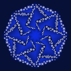 Bright blue winter mandala. White snowflakes on dark blue geometric background. Snowy winter night. Wintery round design element for holiday decor.