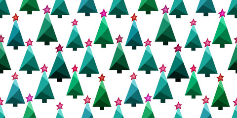 Green Christmas trees with red star on white background. Seamless pattern of random christmas trees. Geometric spruce of triangles. A winter design element for holiday decor