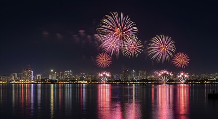 Fototapeta premium Colorful Fireworks Exploding Above a City Skyline and Water at Night