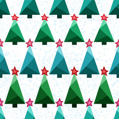 Seamless pattern of random christmas trees. Horizontal rows of geometric spruce. Green Christmas trees with red star on snowly background. Winter design element for holiday decor