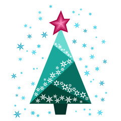 A green Christmas tree with red star against a background of snowflakes. The tree is decorated with snowflakes. Geometric spruce of triangles. A winter design element for holiday decor
