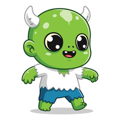 Cute Chibi Green Monster Mascot Cartoon Walking Illustration