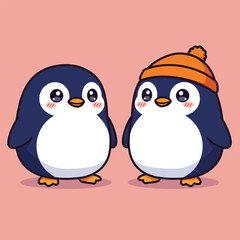 Naklejka premium Cute Penguin Couple Cartoon Illustration Happy Mascot Duo