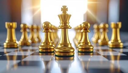 Golden chess pieces on a board illuminated by warm sunlight symbolizing leadership, competition, and strategy under a bright atmosphere of success and focus