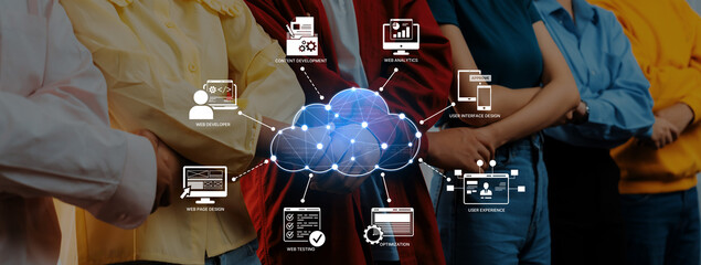 Group of individuals with crossed arms symbolizes teamwork in the digital era, featuring cloud technology and icons representing various digital services and tools. Trope