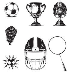 Sports Equipment Vector Set — Black and White Illustrations of Soccer, Badminton, Football Gear and Trophies in Stylized Design