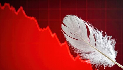 A white feather in front of a red declining graph symbolizing economic fragility, market volatility and the delicate balance of finance during global downturn and uncertainty