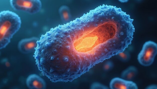 Microscopic view shows glowing cellular structure with bright orange core inside. Cells float in dark blue liquid. Detailed scientific model of biological energy production.