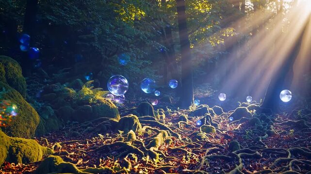 forest moss and root bathed by sunlight ray. bubble and orb rest on leaf and ground. tree trunk and canopy surround undergrowth. reflection and iridescence scatter soft glow. color adds depth.