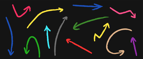 Colorful chalk or pencil arrows hand drawn with sketch lines and doodle texture. Fun and playful vector illustration in kids' art style, perfect for education materials, posters, infographics