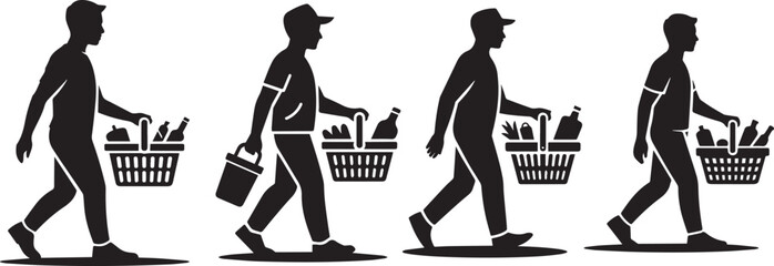 Grocery Shopping Silhouette — People Walking with Food Baskets and Items