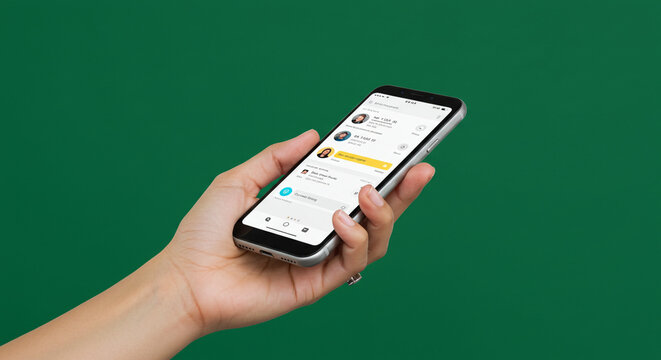Hand holding a smartphone with a mobile app on a green background