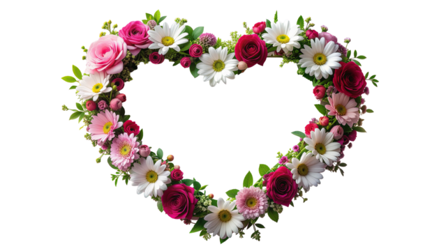 Pink rose flowers forming a heart shape for a floral Valentine's Day frame, symbolizing love and romance