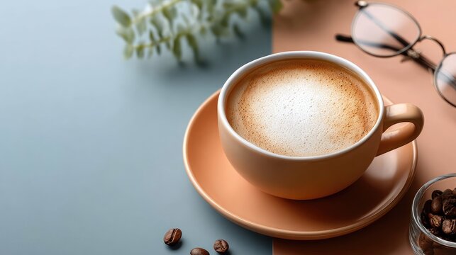 A steaming cup of coffee is placed on a saucer beside vibrant notebooks and a shiny pen, creating a charming workspace atmosphere