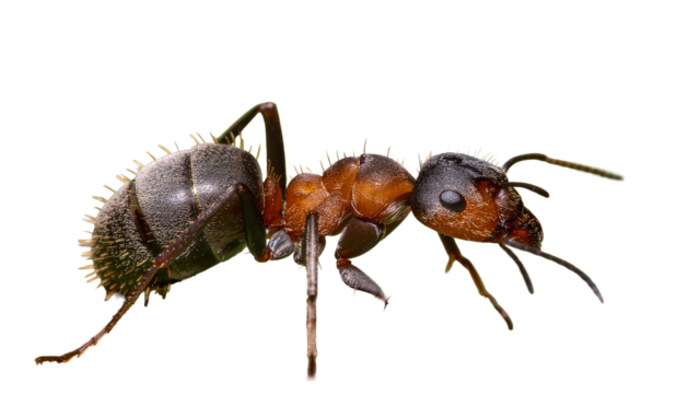 Black ant formica isolated on a white background, a macro closeup of the small insect pest