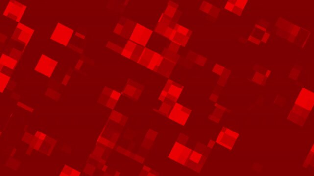 Blinking square lights dance across a vibrant red background filled with overlapping squares of color.
