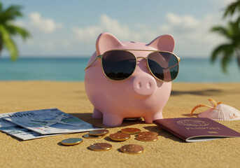 Piggy bank with sunglasses on a sandy beach saving for summer vacation