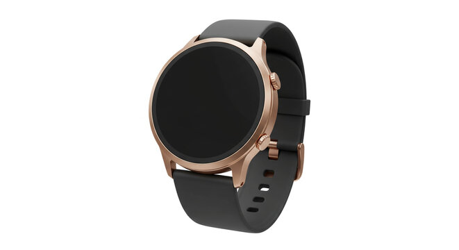 Smartwatch with black band and rose gold case isolated on white background