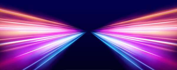 Glowing light trails twist along the digital highway, forming a vibrant stream of technology and speed. The night glimmers with power. A modern vision of motion. © IvanLi