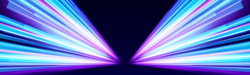 Blue and pink light trails carve through the night, leaving abstract ribbons of brilliance. Motion becomes rhythm. The city pulses with digital life.