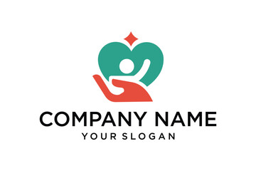 Human Care and Support Logo with Hand, Heart, and Person Icon Design