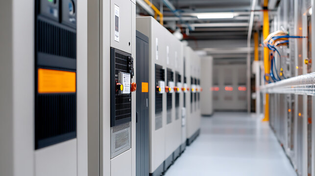 Rows of server racks line a clean, brightly lit data center. Cables run overhead, showcasing organized infrastructure. A focus on efficiency, reliability, and tech solutions.