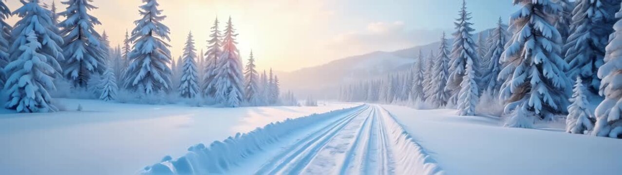 Snowy road in the mountains with trees and snow on the ground