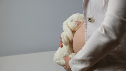 Women belly, pregnant woman hug white rabbit.